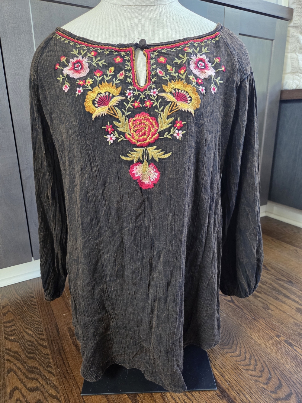 Back in the Saddle Black & Brown Embroidered Peasant Blouse, Boho Country Tunic